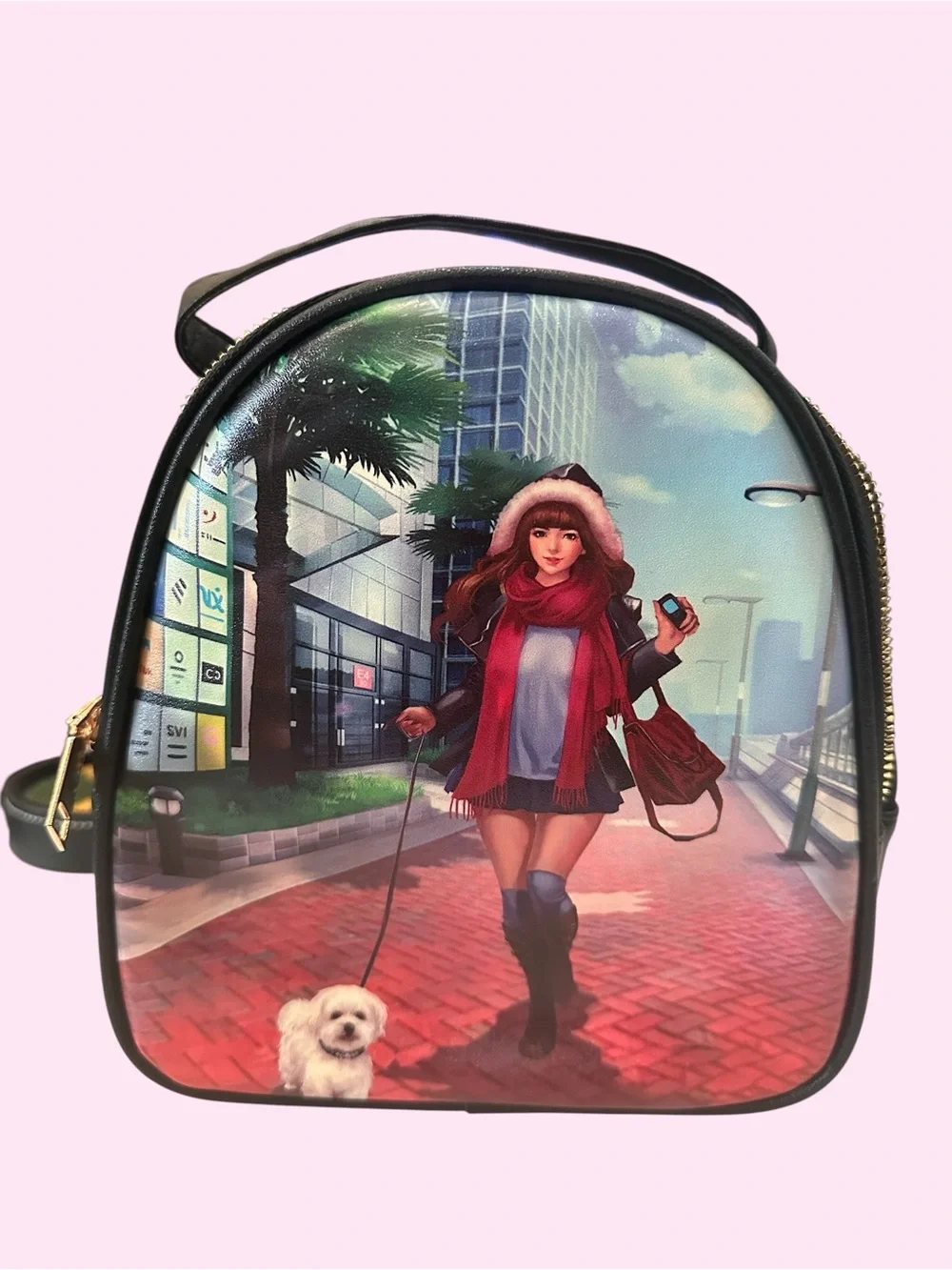 Black Anime Girl & Dog Convertible Mini Backpack Crossbody Bag